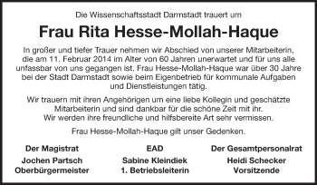 Traueranzeige von Rita Hesse-Mollah-Haque von Echo-Zeitungen (Gesamtausgabe)