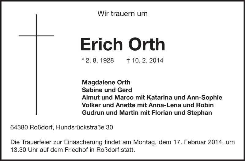  Traueranzeige für Erich Orth vom 15.02.2014 aus Echo-Zeitungen (Gesamtausgabe)