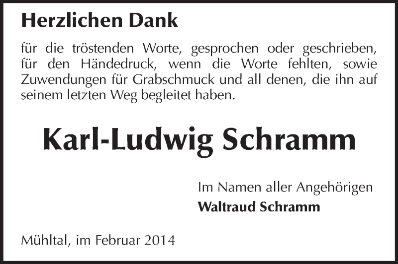  Traueranzeige für Karl-Ludwig Schramm vom 15.02.2014 aus Echo-Zeitungen (Gesamtausgabe)