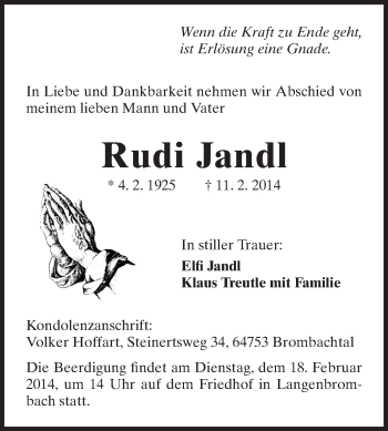 Traueranzeige von Rudi Jandl von Echo-Zeitungen (Gesamtausgabe)