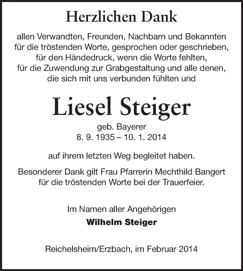  Traueranzeige für Liesel Steiger vom 15.02.2014 aus Odenwälder Echo