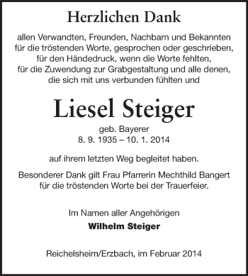 Traueranzeige von Liesel Steiger von Odenwälder Echo