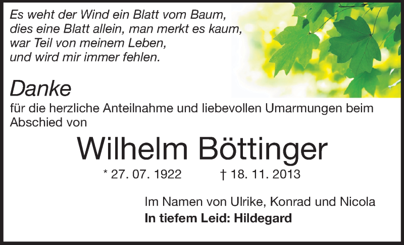  Traueranzeige für Wilhelm Böttinger vom 15.02.2014 aus Echo-Zeitungen (Gesamtausgabe)