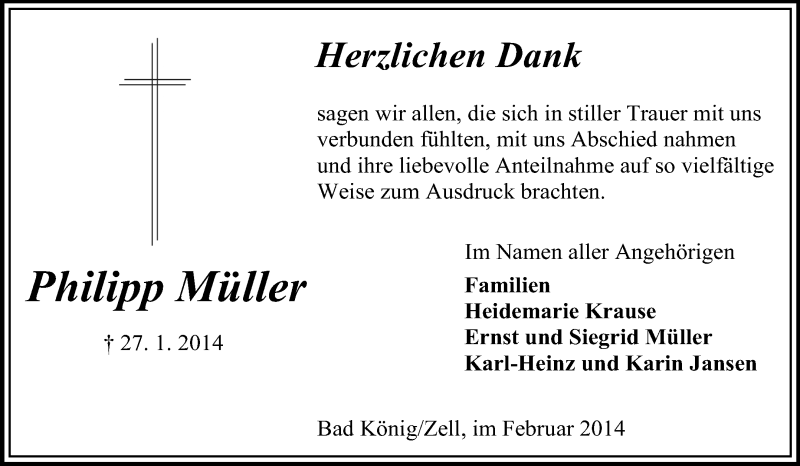  Traueranzeige für Philipp Müller vom 15.02.2014 aus Odenwälder Echo