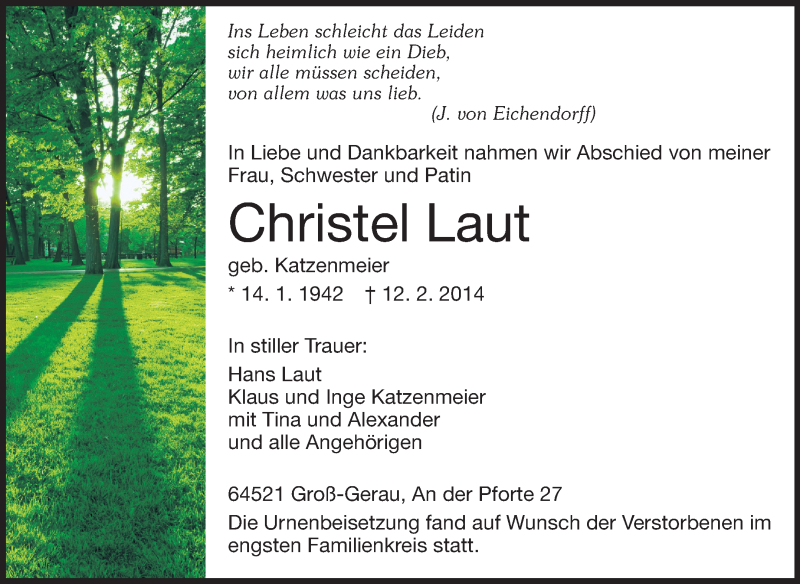  Traueranzeige für Christel Laut vom 21.02.2014 aus Rüsselsheimer Echo, Groß-Gerauer-Echo, Ried Echo