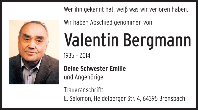  Traueranzeige für Valentin Bergmann vom 22.02.2014 aus Odenwälder Echo