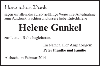 Traueranzeige von Helene Gunkel von Echo-Zeitungen (Gesamtausgabe)