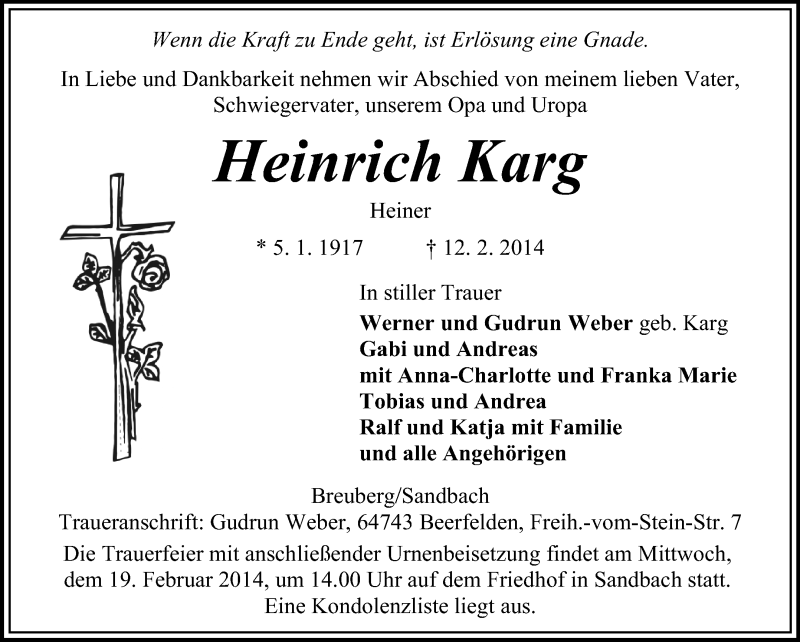  Traueranzeige für Heinrich Karg vom 15.02.2014 aus Odenwälder Echo
