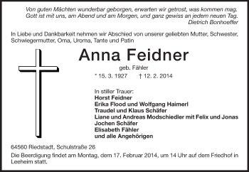 Traueranzeige von Anna Feidner von Echo-Zeitungen (Gesamtausgabe)