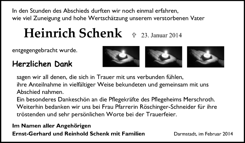  Traueranzeige für Heinrich Schenk vom 15.02.2014 aus Echo-Zeitungen (Gesamtausgabe)
