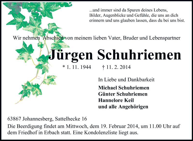  Traueranzeige für Jürgen Schuhriemen vom 15.02.2014 aus Odenwälder Echo