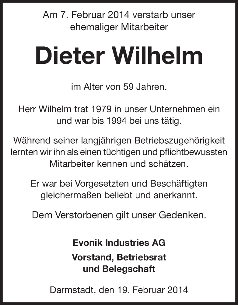  Traueranzeige für Dieter Wilhelm vom 19.02.2014 aus Echo-Zeitungen (Gesamtausgabe)