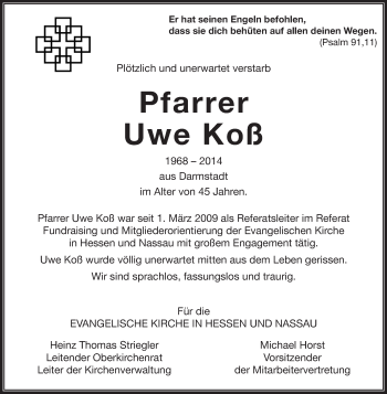 Traueranzeige von Uwe Koß von Echo-Zeitungen (Gesamtausgabe)