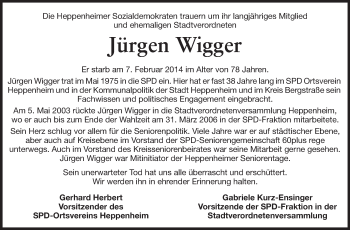 Traueranzeige von Jürgen Wigger von Starkenburger Echo