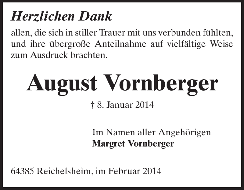  Traueranzeige für August Vornberger vom 19.02.2014 aus Odenwälder Echo