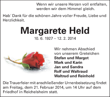 Traueranzeige von Margarete Held von Odenwälder Echo