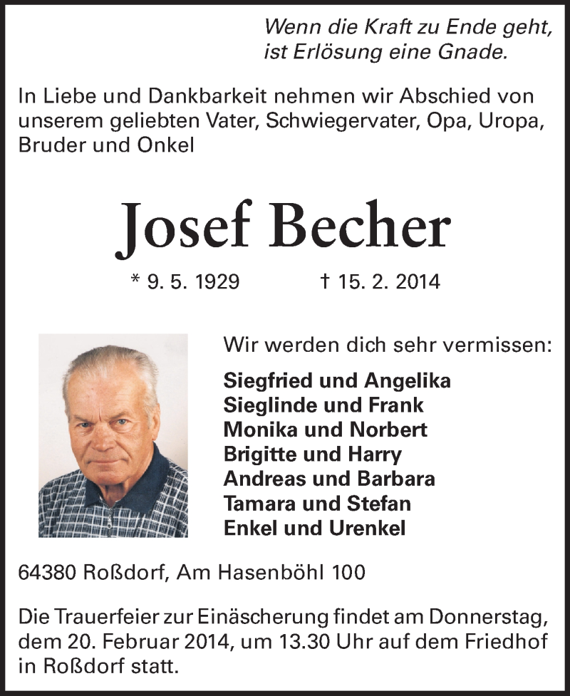  Traueranzeige für Josef Becher vom 19.02.2014 aus Echo-Zeitungen (Gesamtausgabe)