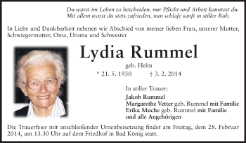 Traueranzeige von Lydia Rummel von Odenwälder Echo