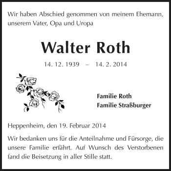 Traueranzeige von Walter Roth von Starkenburger Echo