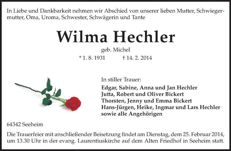  Traueranzeige für Wilma Hechler vom 19.02.2014 aus Echo-Zeitungen (Gesamtausgabe)