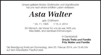 Traueranzeige von Asta Walter von Echo-Zeitungen (Gesamtausgabe)