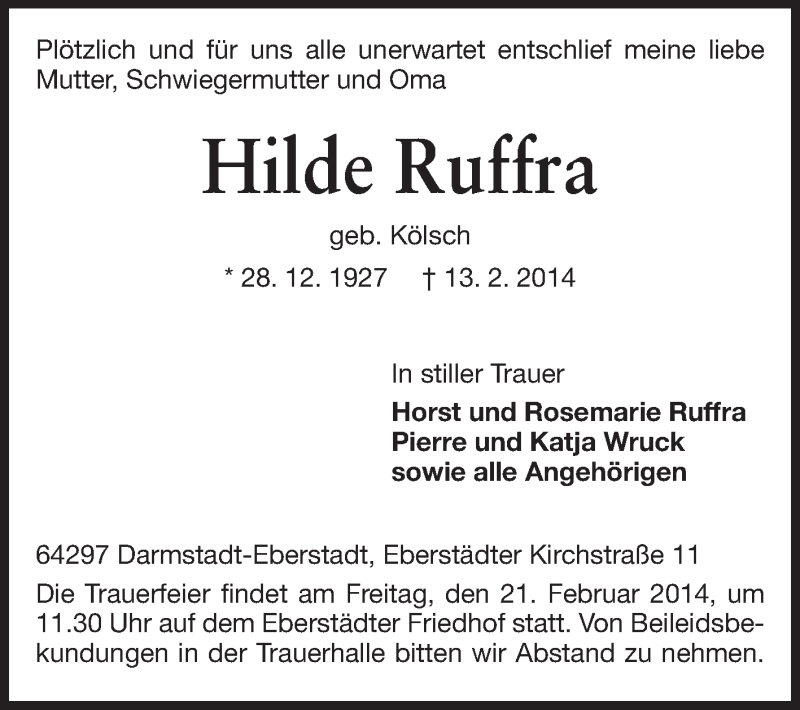  Traueranzeige für Hilde Ruffra vom 19.02.2014 aus Echo-Zeitungen (Gesamtausgabe)