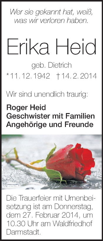Traueranzeige von Erika Heid von Darmstädter Echo, Odenwälder Echo, Rüsselsheimer Echo, Groß-Gerauer-Echo, Ried Echo