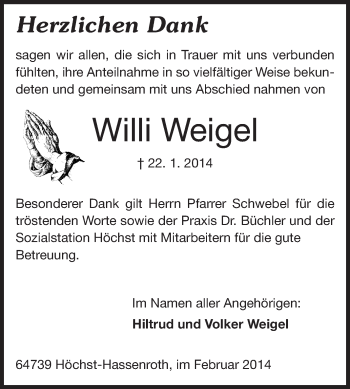 Traueranzeige von Willi Weigel von Odenwälder Echo