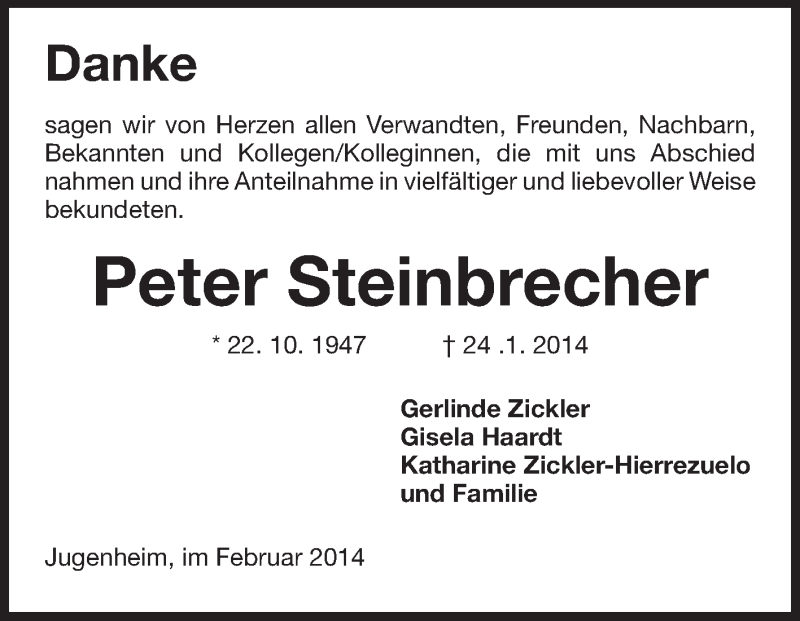  Traueranzeige für Peter Steinbrecher vom 22.02.2014 aus Echo-Zeitungen (Gesamtausgabe)