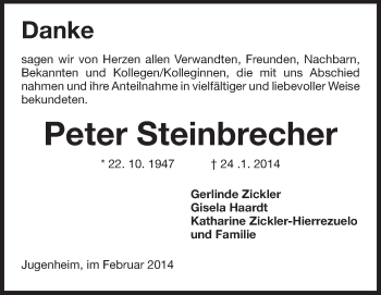 Traueranzeige von Peter Steinbrecher von Echo-Zeitungen (Gesamtausgabe)