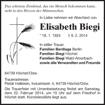 Traueranzeige von Elisabeth Biegi von Odenwälder Echo