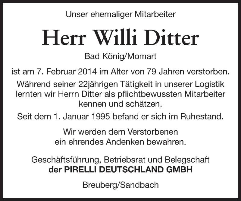  Traueranzeige für Willi Ditter vom 19.02.2014 aus Odenwälder Echo