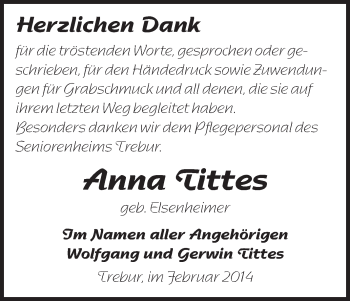 Traueranzeige von Anna Tittes von Rüsselsheimer Echo, Groß-Gerauer-Echo, Ried Echo