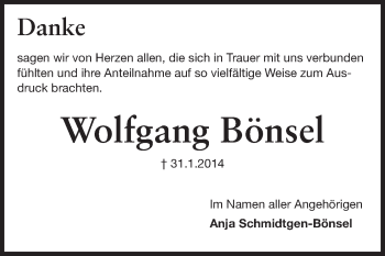 Traueranzeige von Wolfgang Bönsel von Echo-Zeitungen (Gesamtausgabe)