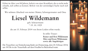Traueranzeige von Liesel Wildemann von Echo-Zeitungen (Gesamtausgabe)