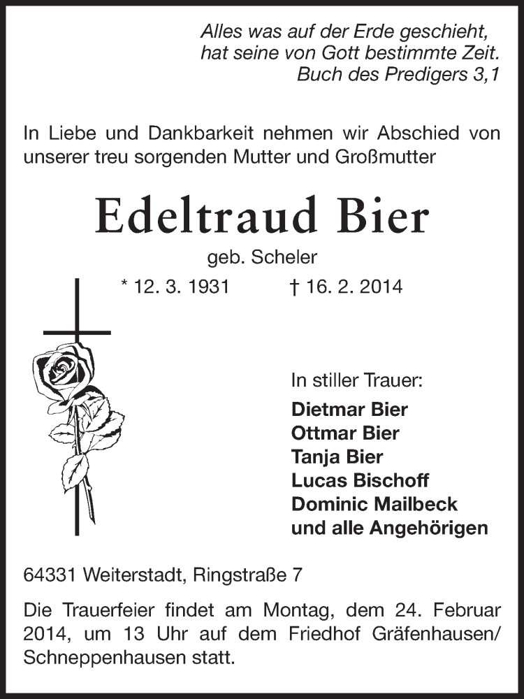  Traueranzeige für Edeltraud Bier vom 22.02.2014 aus Echo-Zeitungen (Gesamtausgabe)