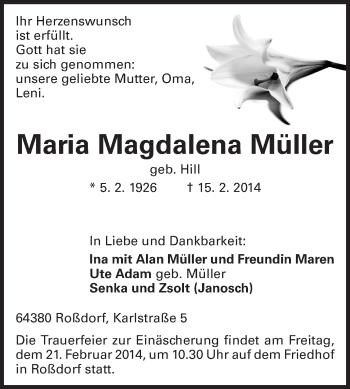 Traueranzeige von Maria Magdalena Müller von Echo-Zeitungen (Gesamtausgabe)