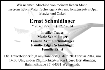 Traueranzeige von Ernst Schmidinger von Echo-Zeitungen (Gesamtausgabe)