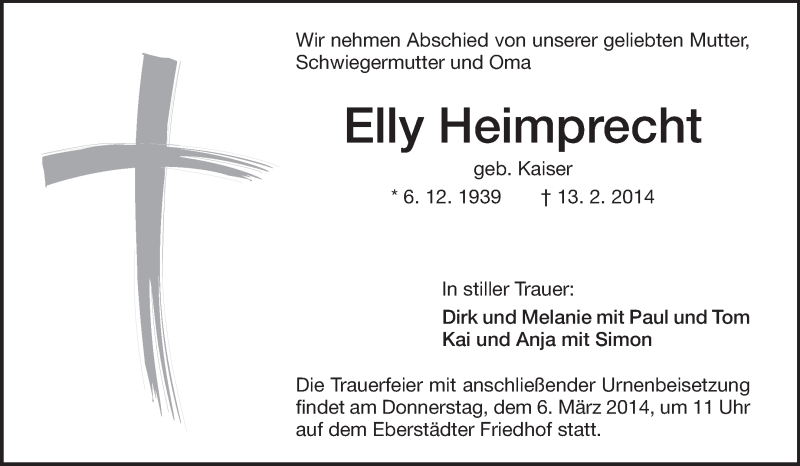  Traueranzeige für Elly Heimprecht vom 22.02.2014 aus Echo-Zeitungen (Gesamtausgabe)