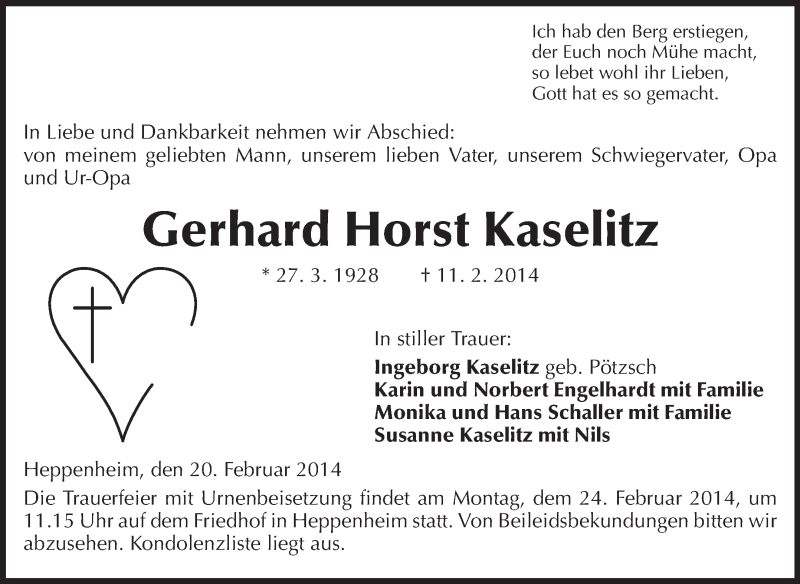  Traueranzeige für Gerhard Horst Kaselitz vom 20.02.2014 aus Starkenburger Echo