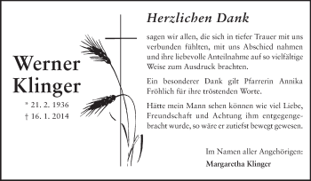 Traueranzeige von Werner Klinger von Echo-Zeitungen (Gesamtausgabe)