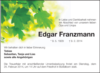Traueranzeige von Edgar Franzmann von Rüsselsheimer Echo, Groß-Gerauer-Echo, Ried Echo