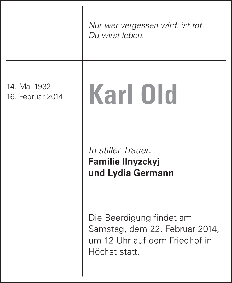  Traueranzeige für Karl Old vom 20.02.2014 aus Odenwälder Echo