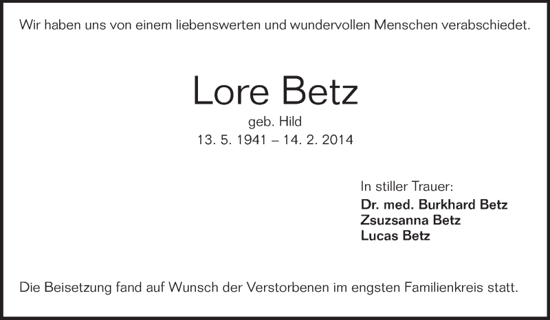  Traueranzeige für Lore Betz vom 22.02.2014 aus Echo-Zeitungen (Gesamtausgabe)