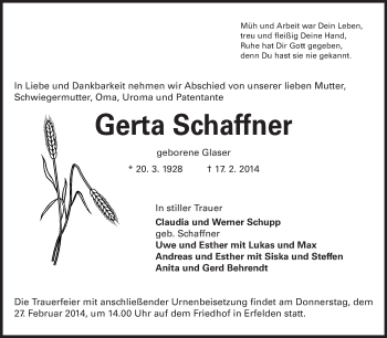 Traueranzeige von Gerta Schaffner von Rüsselsheimer Echo, Groß-Gerauer-Echo, Ried Echo