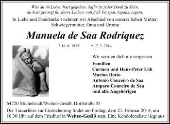 Traueranzeige von Manuela de Saa Rodriguez von Odenwälder Echo