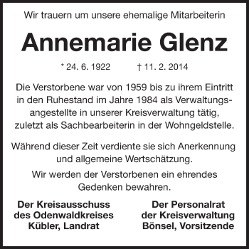 Traueranzeige von Annemarie Glenz von Odenwälder Echo