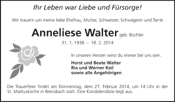 Traueranzeige von Anneliese Walter von Echo-Zeitungen (Gesamtausgabe)