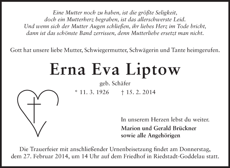  Traueranzeige für Erna Eva Liptow vom 22.02.2014 aus Echo-Zeitungen (Gesamtausgabe)