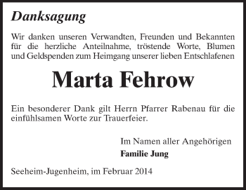 Traueranzeige von Marta Fehrow von Echo-Zeitungen (Gesamtausgabe)